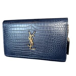 Authentic YSL Saint Laurent Navy Croc Embossed Clutch On Gold Chain